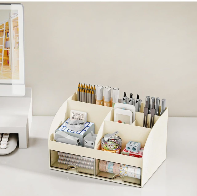 Alt view image 5 of 6 - Desk Organizer with 6 Compartments and 2 Drawers, Plastic Makeup Organizer, Pen Holder for Desktop Storage, Desk Organization for School, Home, Office Supplies (Ivory)