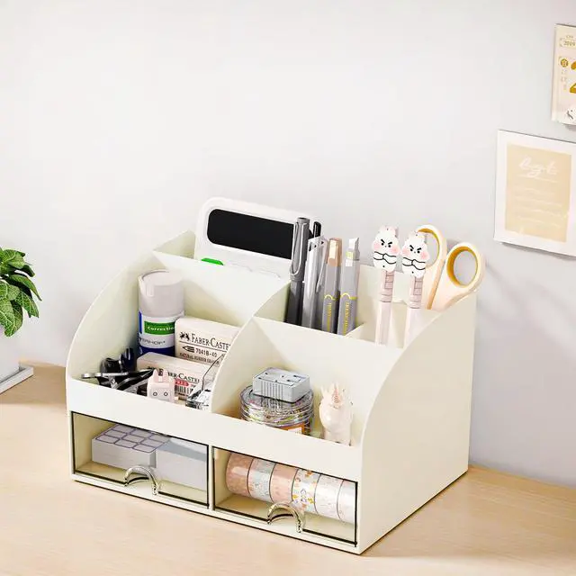 Alt view image 6 of 6 - Desk Organizer with 6 Compartments and 2 Drawers, Plastic Makeup Organizer, Pen Holder for Desktop Storage, Desk Organization for School, Home, Office Supplies (Ivory)