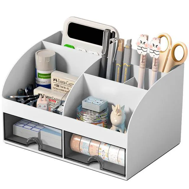 Main image of Desk Organizer with 6 Compartments and 2 Drawers, Plastic Makeup Organizer, Pen Holder for Desktop Storage, Desk Organization for School, Home, Office Supplies (Grey)