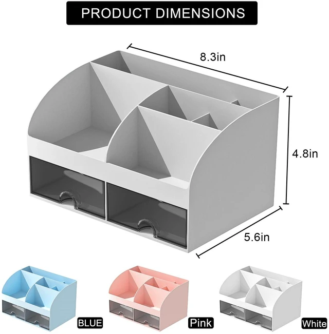 Alt view image 4 of 5 - Desk Organizer with 6 Compartments and 2 Drawers, Plastic Makeup Organizer, Pen Holder for Desktop Storage, Desk Organization for School, Home, Office Supplies (Grey)