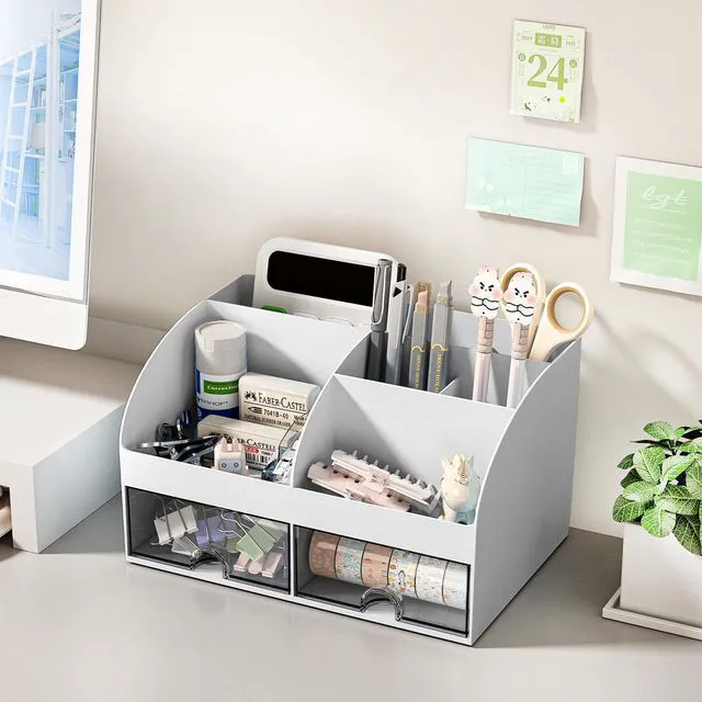 Alt view image 3 of 5 - Desk Organizer with 6 Compartments and 2 Drawers, Plastic Makeup Organizer, Pen Holder for Desktop Storage, Desk Organization for School, Home, Office Supplies (Grey)