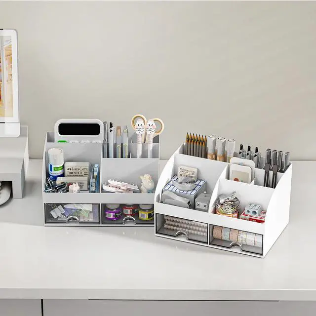 Alt view image 5 of 5 - Desk Organizer with 6 Compartments and 2 Drawers, Plastic Makeup Organizer, Pen Holder for Desktop Storage, Desk Organization for School, Home, Office Supplies (Grey)