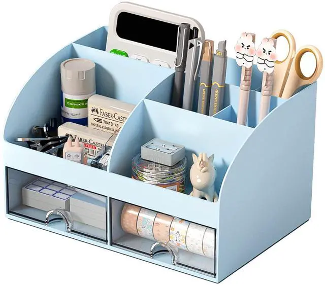Main image of Desk Organizer with 6 Compartments and 2 Drawers, Plastic Makeup Organizer, Pen Holder for Desktop Storage, Desk Organization for School, Home, Office Supplies (Blue)