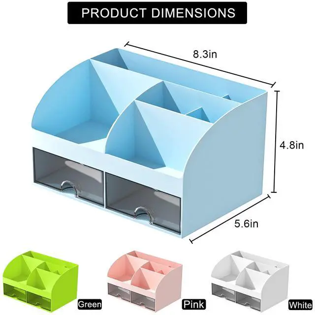Alt view image 2 of 6 - Desk Organizer with 6 Compartments and 2 Drawers, Plastic Makeup Organizer, Pen Holder for Desktop Storage, Desk Organization for School, Home, Office Supplies (Blue)