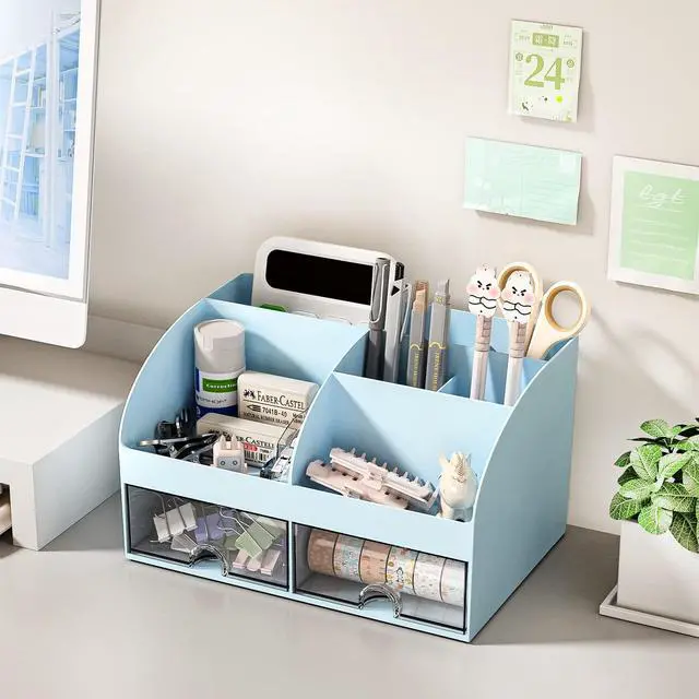 Alt view image 4 of 6 - Desk Organizer with 6 Compartments and 2 Drawers, Plastic Makeup Organizer, Pen Holder for Desktop Storage, Desk Organization for School, Home, Office Supplies (Blue)