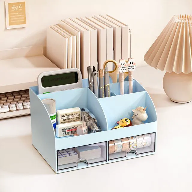 Alt view image 3 of 6 - Desk Organizer with 6 Compartments and 2 Drawers, Plastic Makeup Organizer, Pen Holder for Desktop Storage, Desk Organization for School, Home, Office Supplies (Blue)