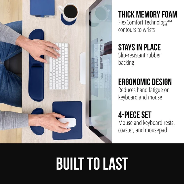 Alt view image 2 of 7 - Memory Foam Wrist Rest for Computer Keyboard, 4 Piece Navy Blue