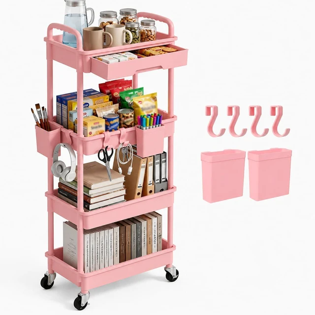 Main image of 4 Tier Rolling Utility Cart with Drawer, Plastic Storage Organizer Rolling Carts with Wheels Handles Hanging Cups Hooks for Office, Bathroom, Kitchen,Craft Art Room (Pink)