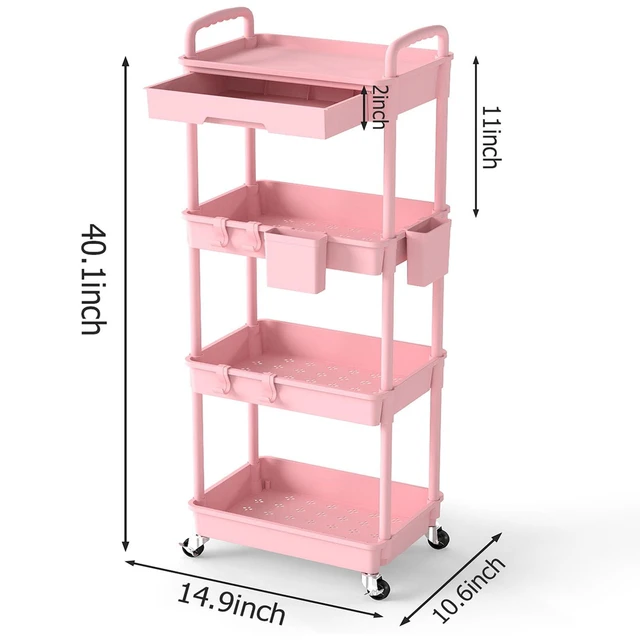 Alt view image 2 of 7 - 4 Tier Rolling Utility Cart with Drawer, Plastic Storage Organizer Rolling Carts with Wheels Handles Hanging Cups Hooks for Office, Bathroom, Kitchen,Craft Art Room (Pink)