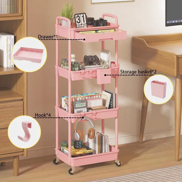 Alt view image 3 of 7 - 4 Tier Rolling Utility Cart with Drawer, Plastic Storage Organizer Rolling Carts with Wheels Handles Hanging Cups Hooks for Office, Bathroom, Kitchen,Craft Art Room (Pink)