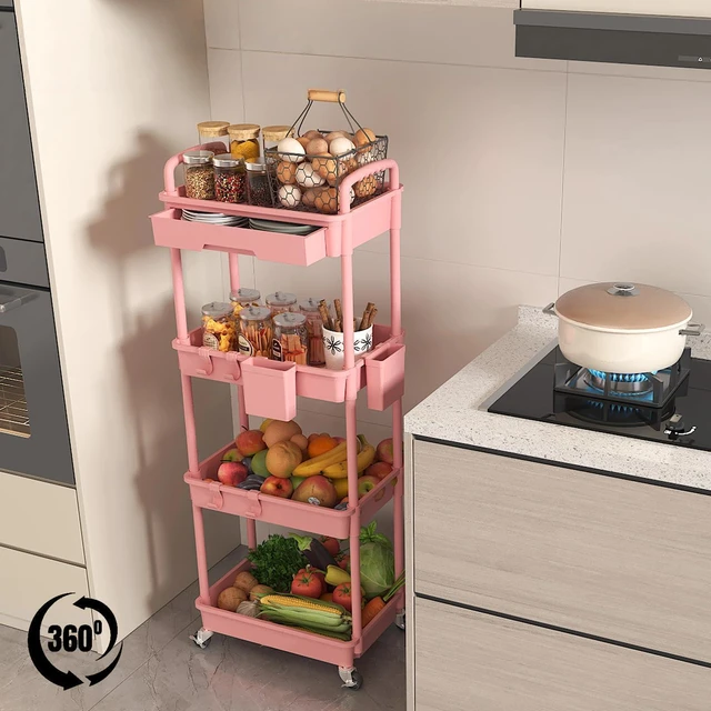 Alt view image 4 of 7 - 4 Tier Rolling Utility Cart with Drawer, Plastic Storage Organizer Rolling Carts with Wheels Handles Hanging Cups Hooks for Office, Bathroom, Kitchen,Craft Art Room (Pink)