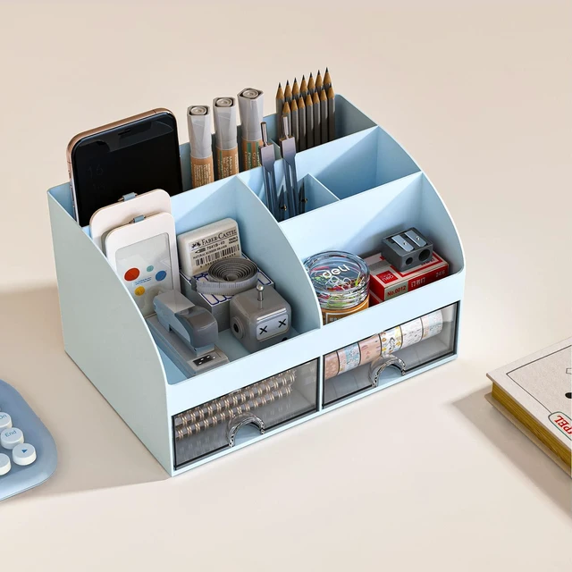 Alt view image 5 of 6 - Desk Organizer with 6 Compartments and 2 Drawers, Plastic Makeup Organizer, Pen Holder for Desktop Storage, Desk Organization for School, Home, Office Supplies (Blue)