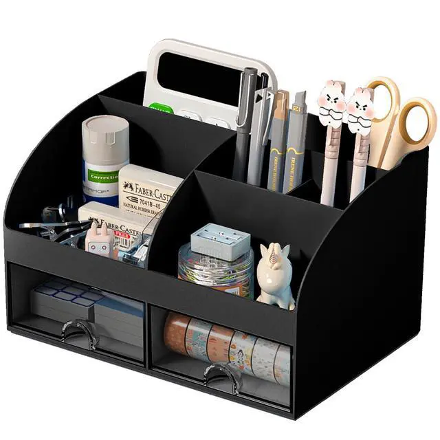 Main image of Desk Organizer with 6 Compartments and 2 Drawers, Plastic Makeup Organizer, Pen Holder for Desktop Storage, Desk Organization for School, Home, Office Supplies (Black)