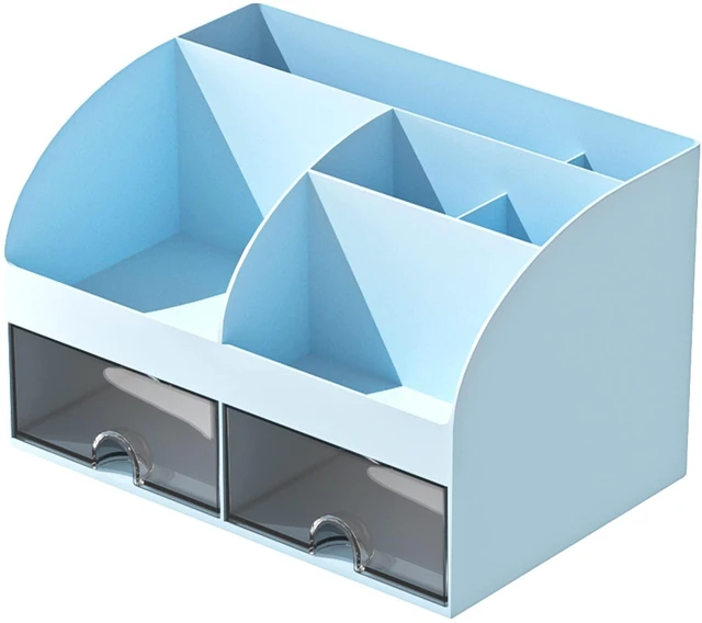 Alt view image 6 of 6 - Desk Organizer with 6 Compartments and 2 Drawers, Plastic Makeup Organizer, Pen Holder for Desktop Storage, Desk Organization for School, Home, Office Supplies (Blue)