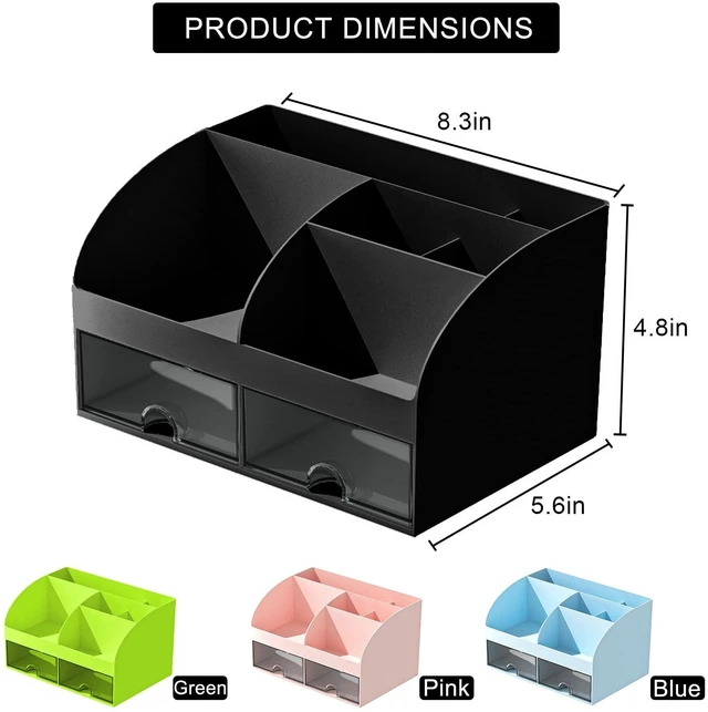 Alt view image 2 of 6 - Desk Organizer with 6 Compartments and 2 Drawers, Plastic Makeup Organizer, Pen Holder for Desktop Storage, Desk Organization for School, Home, Office Supplies (Black)