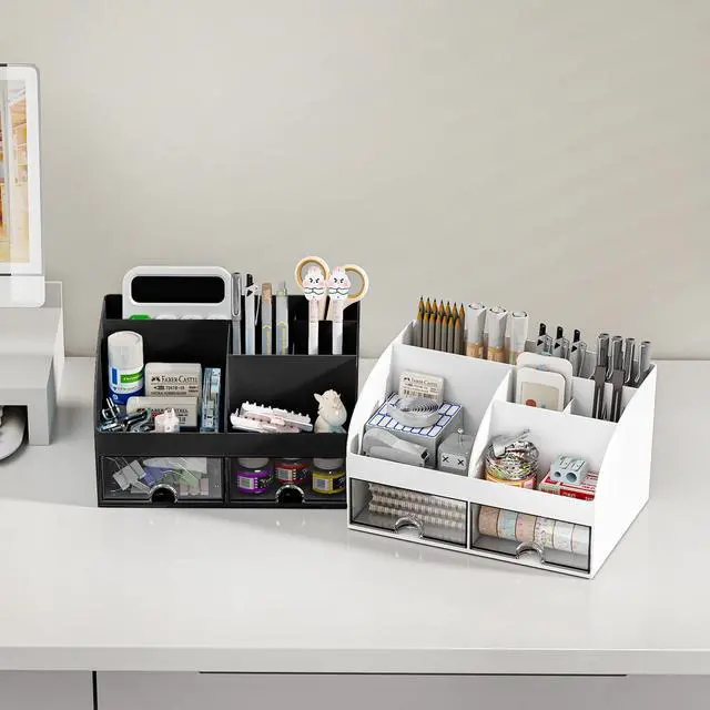Alt view image 5 of 6 - Desk Organizer with 6 Compartments and 2 Drawers, Plastic Makeup Organizer, Pen Holder for Desktop Storage, Desk Organization for School, Home, Office Supplies (Black)