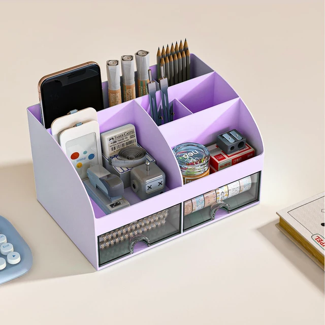 Alt view image 2 of 5 - Desk Organizer with 6 Compartments and 2 Drawers, Plastic Makeup Organizer, Pen Holder for Desktop Storage, Desk Organization for School, Home, Office Supplies (Purple)