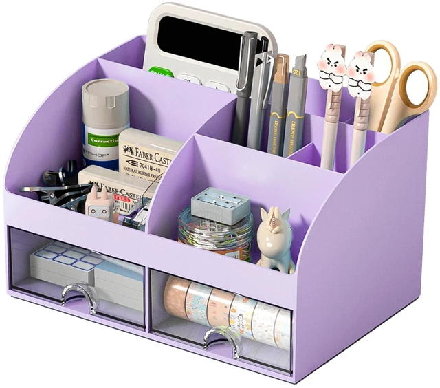 Main image of Desk Organizer with 6 Compartments and 2 Drawers, Plastic Makeup Organizer, Pen Holder for Desktop Storage, Desk Organization for School, Home, Office Supplies (Purple)