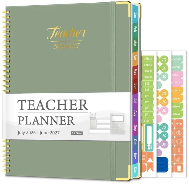 Main image of 2026-2027 Teacher Planner, 14 Checklists 8.5"x11" Lesson Book July 2026-June 2027 Academic Year with Gold Corners, Thick No-Bleed Paper & Spiral Hardcover, Green