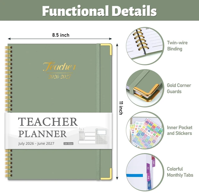 Alt view image 2 of 6 - 2026-2027 Teacher Planner, 14 Checklists 8.5"x11" Lesson Book July 2026-June 2027 Academic Year with Gold Corners, Thick No-Bleed Paper & Spiral Hardcover, Green