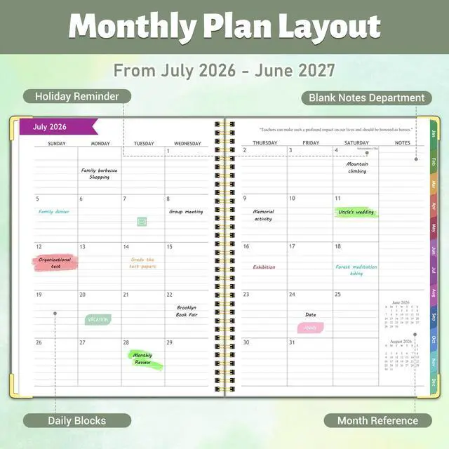 Alt view image 4 of 6 - 2026-2027 Teacher Planner, 14 Checklists 8.5"x11" Lesson Book July 2026-June 2027 Academic Year with Gold Corners, Thick No-Bleed Paper & Spiral Hardcover, Green