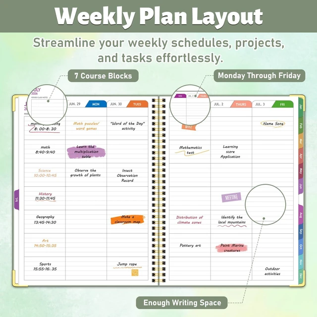 Alt view image 5 of 6 - 2026-2027 Teacher Planner, 14 Checklists 8.5"x11" Lesson Book July 2026-June 2027 Academic Year with Gold Corners, Thick No-Bleed Paper & Spiral Hardcover, Green