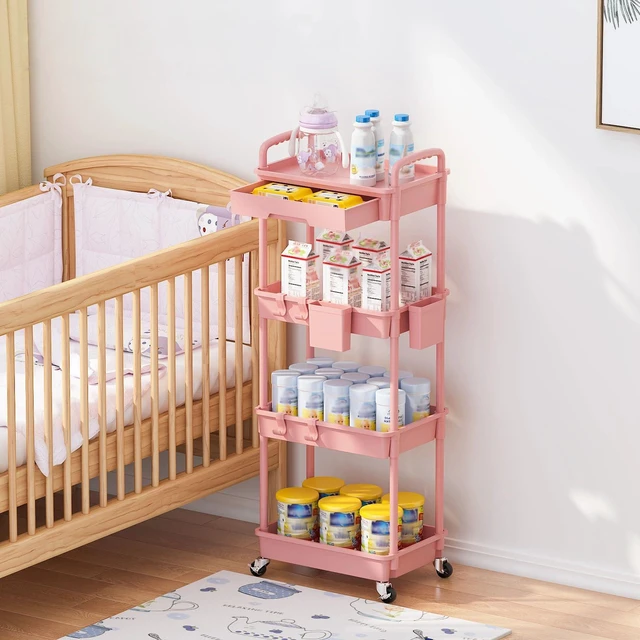 Alt view image 7 of 7 - 4 Tier Rolling Utility Cart with Drawer, Plastic Storage Organizer Rolling Carts with Wheels Handles Hanging Cups Hooks for Office, Bathroom, Kitchen,Craft Art Room (Pink)