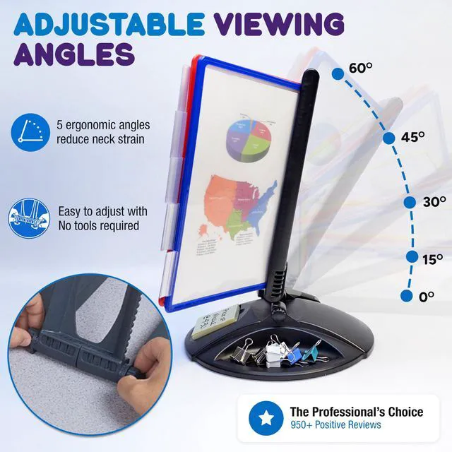 Alt view image 3 of 7 - AdjustaView Supply Base Desk Reference Display Organizer CL 5 Adjustable Viewing Angles PLUS Functional Supply Storage Base, 10 Letter Size EZ-Load Color Pockets, Easy No Tool Assembly