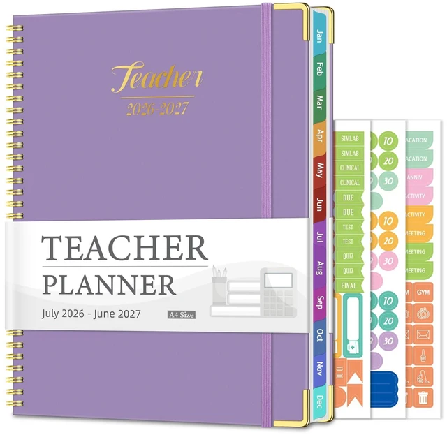 Main image of 2026-2027 Teacher Planner, 14 Checklists 8.5"x11" Lesson Book July 2026-June 2027 Academic Year with Gold Corners, Thick No-Bleed Paper & Spiral Hardcover, Purple