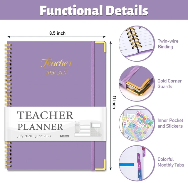 Alt view image 2 of 6 - 2026-2027 Teacher Planner, 14 Checklists 8.5"x11" Lesson Book July 2026-June 2027 Academic Year with Gold Corners, Thick No-Bleed Paper & Spiral Hardcover, Purple