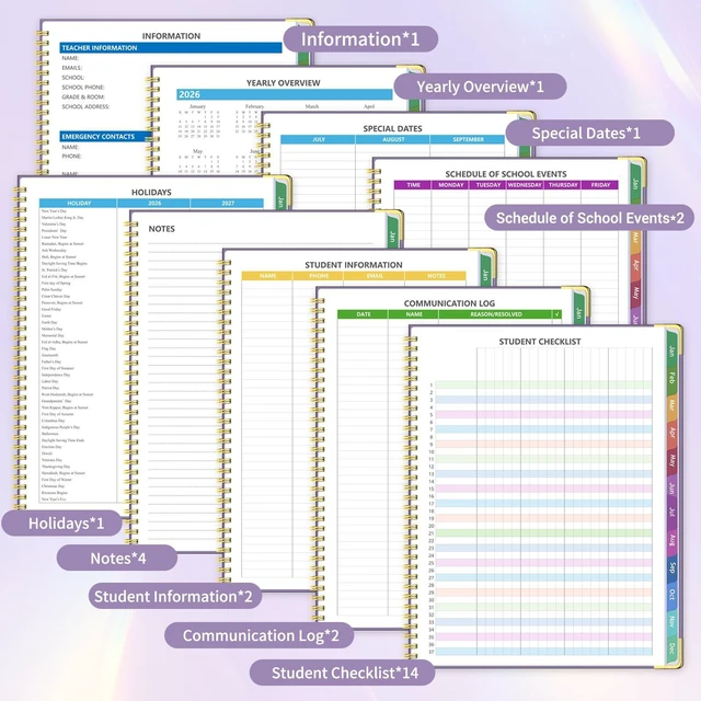 Alt view image 3 of 6 - 2026-2027 Teacher Planner, 14 Checklists 8.5"x11" Lesson Book July 2026-June 2027 Academic Year with Gold Corners, Thick No-Bleed Paper & Spiral Hardcover, Purple
