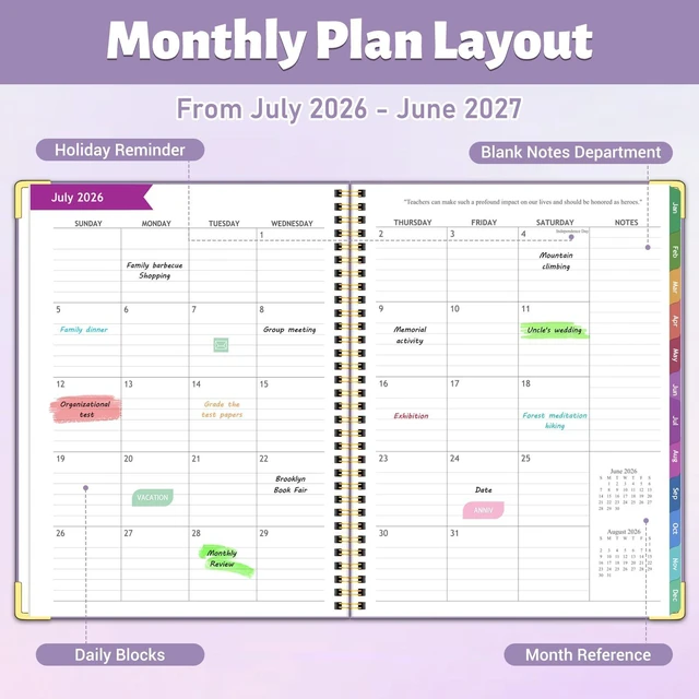 Alt view image 4 of 6 - 2026-2027 Teacher Planner, 14 Checklists 8.5"x11" Lesson Book July 2026-June 2027 Academic Year with Gold Corners, Thick No-Bleed Paper & Spiral Hardcover, Purple