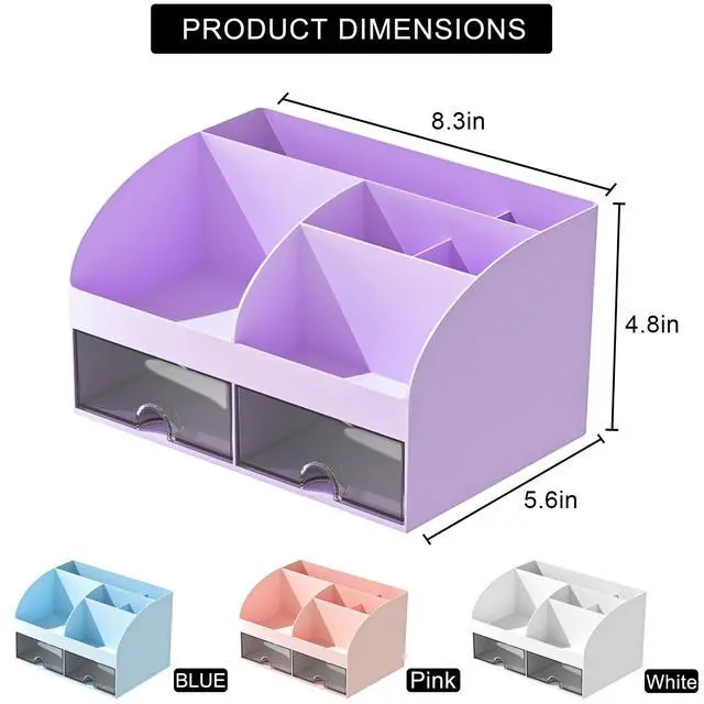 Alt view image 3 of 5 - Desk Organizer with 6 Compartments and 2 Drawers, Plastic Makeup Organizer, Pen Holder for Desktop Storage, Desk Organization for School, Home, Office Supplies (Purple)