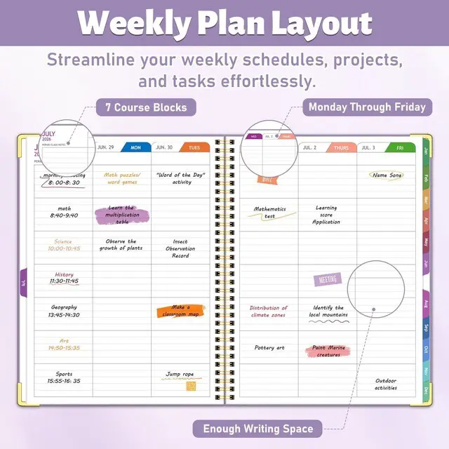 Alt view image 5 of 6 - 2026-2027 Teacher Planner, 14 Checklists 8.5"x11" Lesson Book July 2026-June 2027 Academic Year with Gold Corners, Thick No-Bleed Paper & Spiral Hardcover, Purple