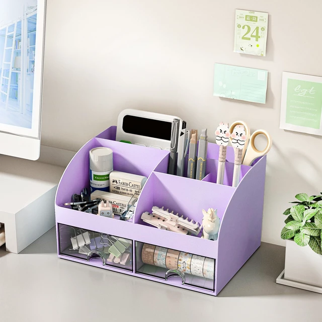 Alt view image 4 of 5 - Desk Organizer with 6 Compartments and 2 Drawers, Plastic Makeup Organizer, Pen Holder for Desktop Storage, Desk Organization for School, Home, Office Supplies (Purple)