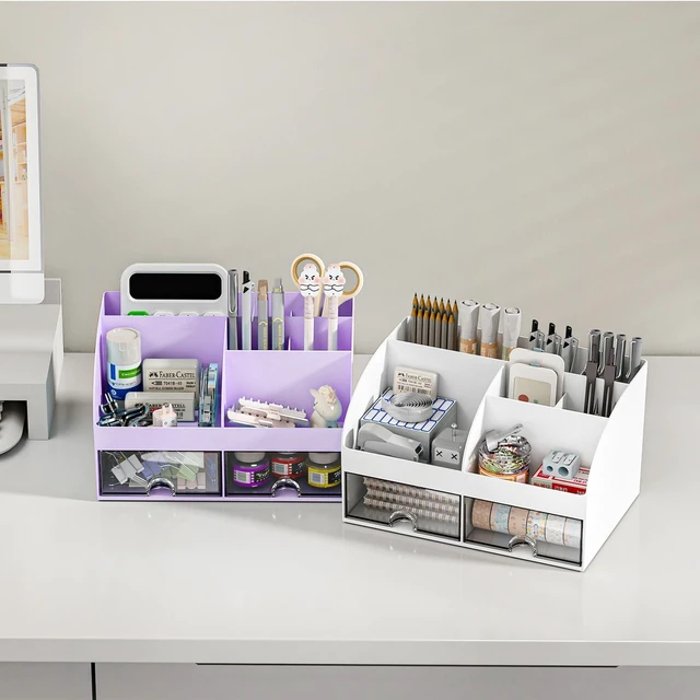 Alt view image 5 of 5 - Desk Organizer with 6 Compartments and 2 Drawers, Plastic Makeup Organizer, Pen Holder for Desktop Storage, Desk Organization for School, Home, Office Supplies (Purple)