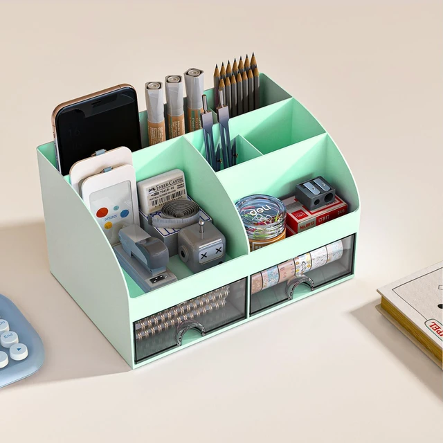 Alt view image 3 of 5 - Desk Organizer with 6 Compartments and 2 Drawers, Plastic Makeup Organizer, Pen Holder for Desktop Storage, Desk Organization for School, Home, Office Supplies (Mint Green)
