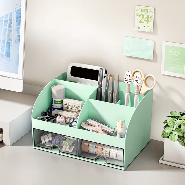 Alt view image 2 of 5 - Desk Organizer with 6 Compartments and 2 Drawers, Plastic Makeup Organizer, Pen Holder for Desktop Storage, Desk Organization for School, Home, Office Supplies (Mint Green)