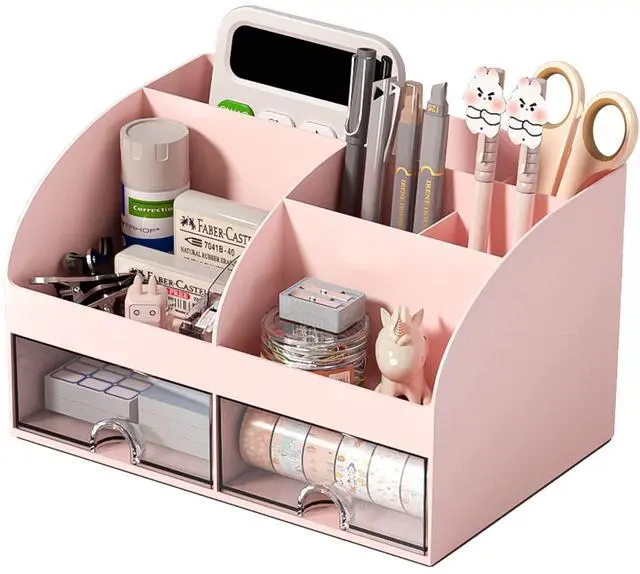 Main image of Desk Organizer with 6 Compartments and 2 Drawers, Plastic Makeup Organizer, Pen Holder for Desktop Storage, Desk Organization for School, Home, Office Supplies (Pink)