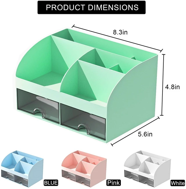 Alt view image 4 of 5 - Desk Organizer with 6 Compartments and 2 Drawers, Plastic Makeup Organizer, Pen Holder for Desktop Storage, Desk Organization for School, Home, Office Supplies (Mint Green)