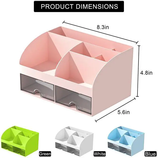 Alt view image 2 of 6 - Desk Organizer with 6 Compartments and 2 Drawers, Plastic Makeup Organizer, Pen Holder for Desktop Storage, Desk Organization for School, Home, Office Supplies (Pink)