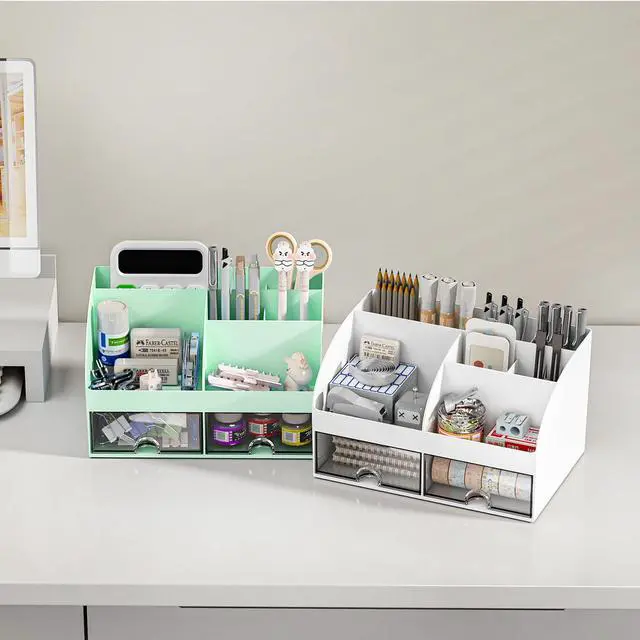 Alt view image 5 of 5 - Desk Organizer with 6 Compartments and 2 Drawers, Plastic Makeup Organizer, Pen Holder for Desktop Storage, Desk Organization for School, Home, Office Supplies (Mint Green)