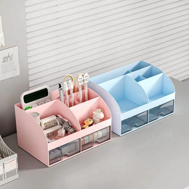 Alt view image 5 of 6 - Desk Organizer with 6 Compartments and 2 Drawers, Plastic Makeup Organizer, Pen Holder for Desktop Storage, Desk Organization for School, Home, Office Supplies (Pink)