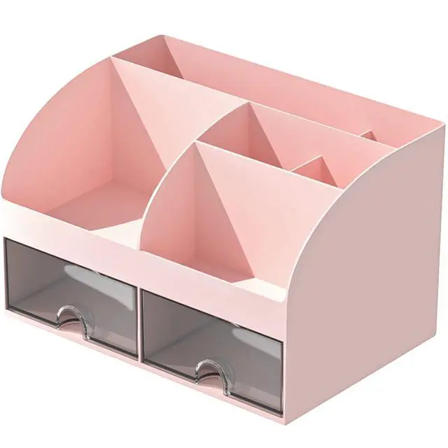 Alt view image 6 of 6 - Desk Organizer with 6 Compartments and 2 Drawers, Plastic Makeup Organizer, Pen Holder for Desktop Storage, Desk Organization for School, Home, Office Supplies (Pink)