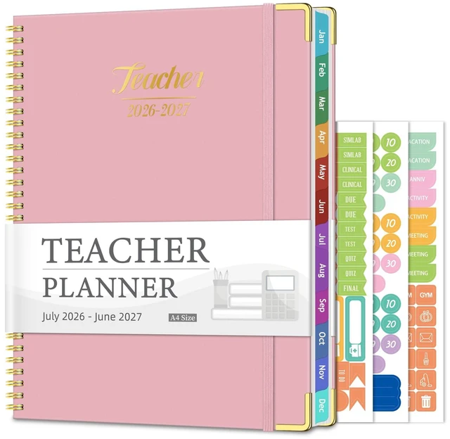 Main image of 2026-2027 Teacher Planner, 14 Checklists 8.5"x11" Lesson Plan Book July 2026-June 2027 Academic Year with Gold Corners, Thick No-Bleed Paper & Spiral Hardcover, Pink