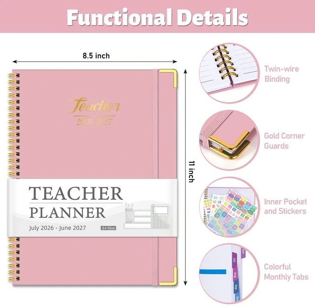 Alt view image 2 of 6 - 2026-2027 Teacher Planner, 14 Checklists 8.5"x11" Lesson Plan Book July 2026-June 2027 Academic Year with Gold Corners, Thick No-Bleed Paper & Spiral Hardcover, Pink