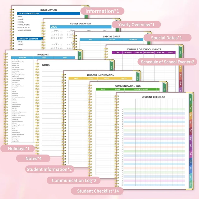 Alt view image 3 of 6 - 2026-2027 Teacher Planner, 14 Checklists 8.5"x11" Lesson Plan Book July 2026-June 2027 Academic Year with Gold Corners, Thick No-Bleed Paper & Spiral Hardcover, Pink