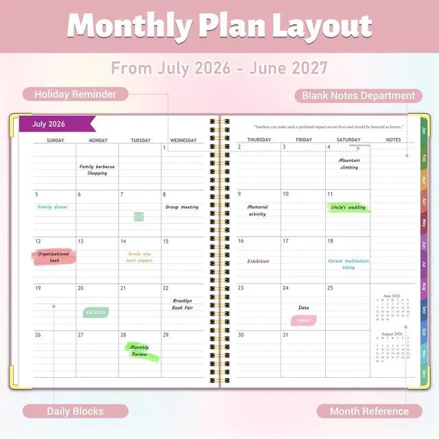 Alt view image 4 of 6 - 2026-2027 Teacher Planner, 14 Checklists 8.5"x11" Lesson Plan Book July 2026-June 2027 Academic Year with Gold Corners, Thick No-Bleed Paper & Spiral Hardcover, Pink