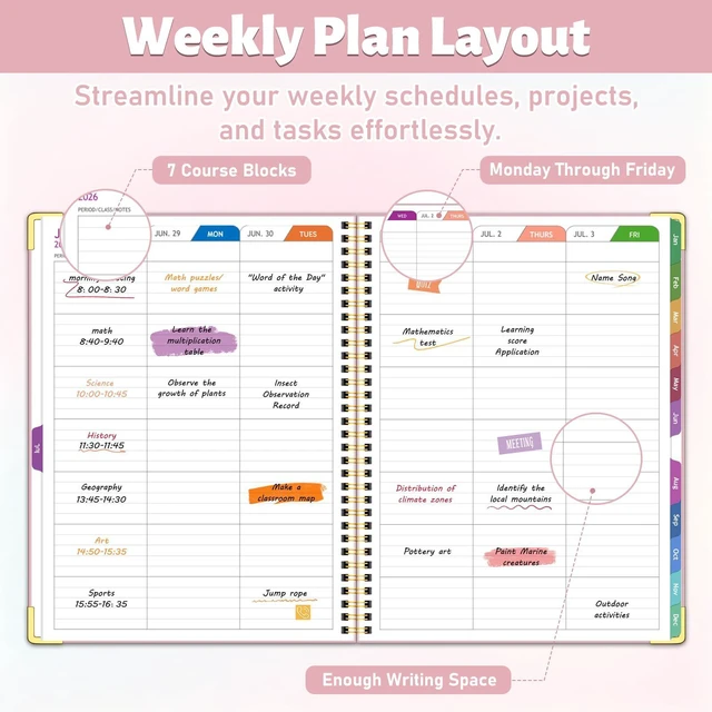Alt view image 5 of 6 - 2026-2027 Teacher Planner, 14 Checklists 8.5"x11" Lesson Plan Book July 2026-June 2027 Academic Year with Gold Corners, Thick No-Bleed Paper & Spiral Hardcover, Pink