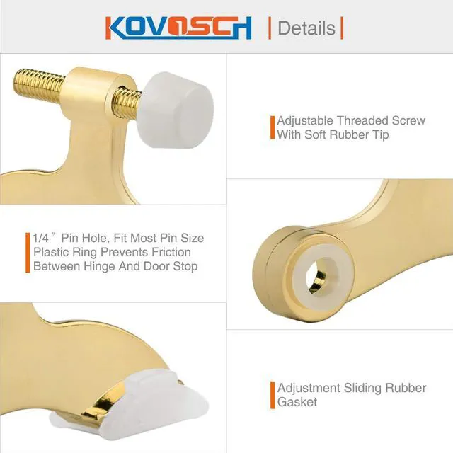 Alt view image 4 of 6 - 10 Pack Hinge Pin Door Stopper Bright Brass - Adjustable Heavy Duty Gold Hinge Pin Door Stops with White Rubber Bumper Tip